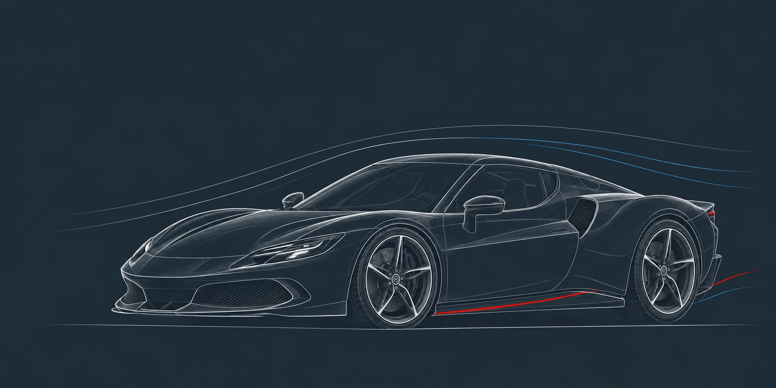 Technical line illustration of a contemporary Italian performance berlinetta in motion.